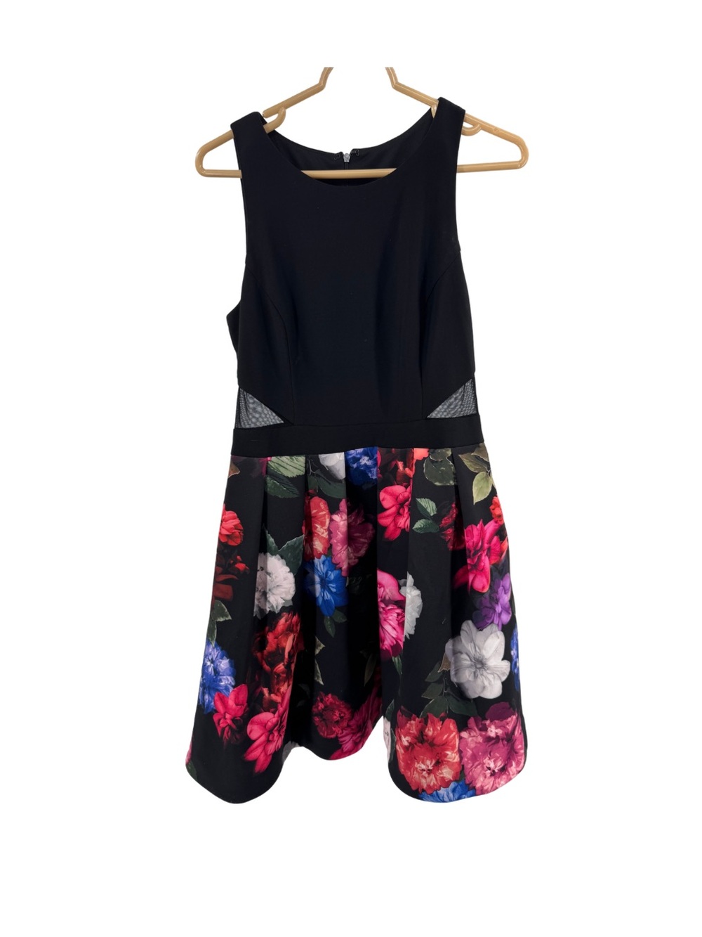 Xscape Black floral mesh side cut outs Dress sleeveless 10 HOCO party fit flare
